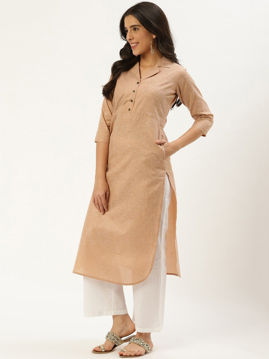 Women Beige Calf Length Three-Quarter Sleeves Straight Lapel neck Solid Cotton Kurta | NOZ2TOZ - Made In INDIA.