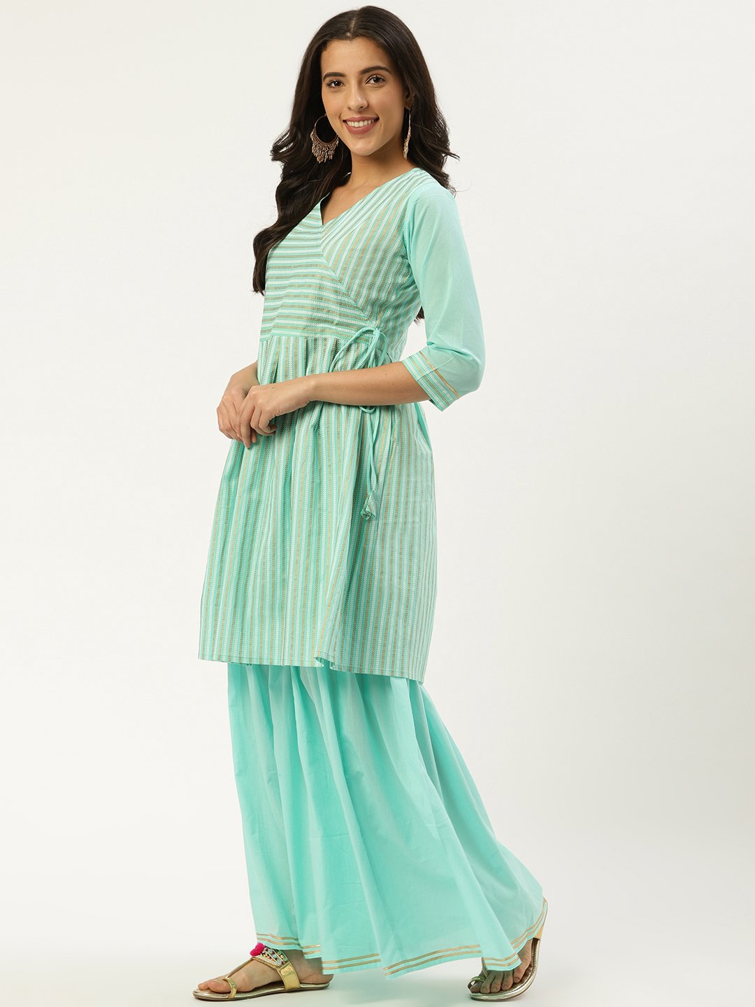 Women Pastel Blue Three-Quarter Sleeves Flared Peplum Kurta and Sharara set | NOZ2TOZ - Made In INDIA.