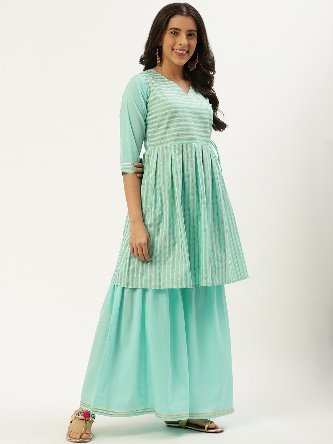 Women Pastel Blue Three-Quarter Sleeves Flared Peplum Kurta and Sharara set | NOZ2TOZ - Made In INDIA.