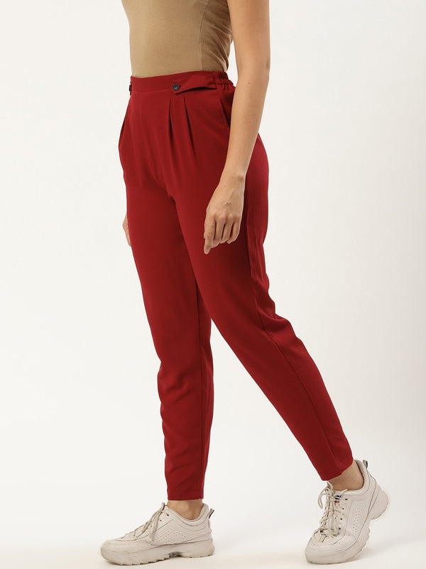 Women Maroon Regular Texture Crepe Straigth Trouser Pant | NOZ2TOZ - Made In INDIA.