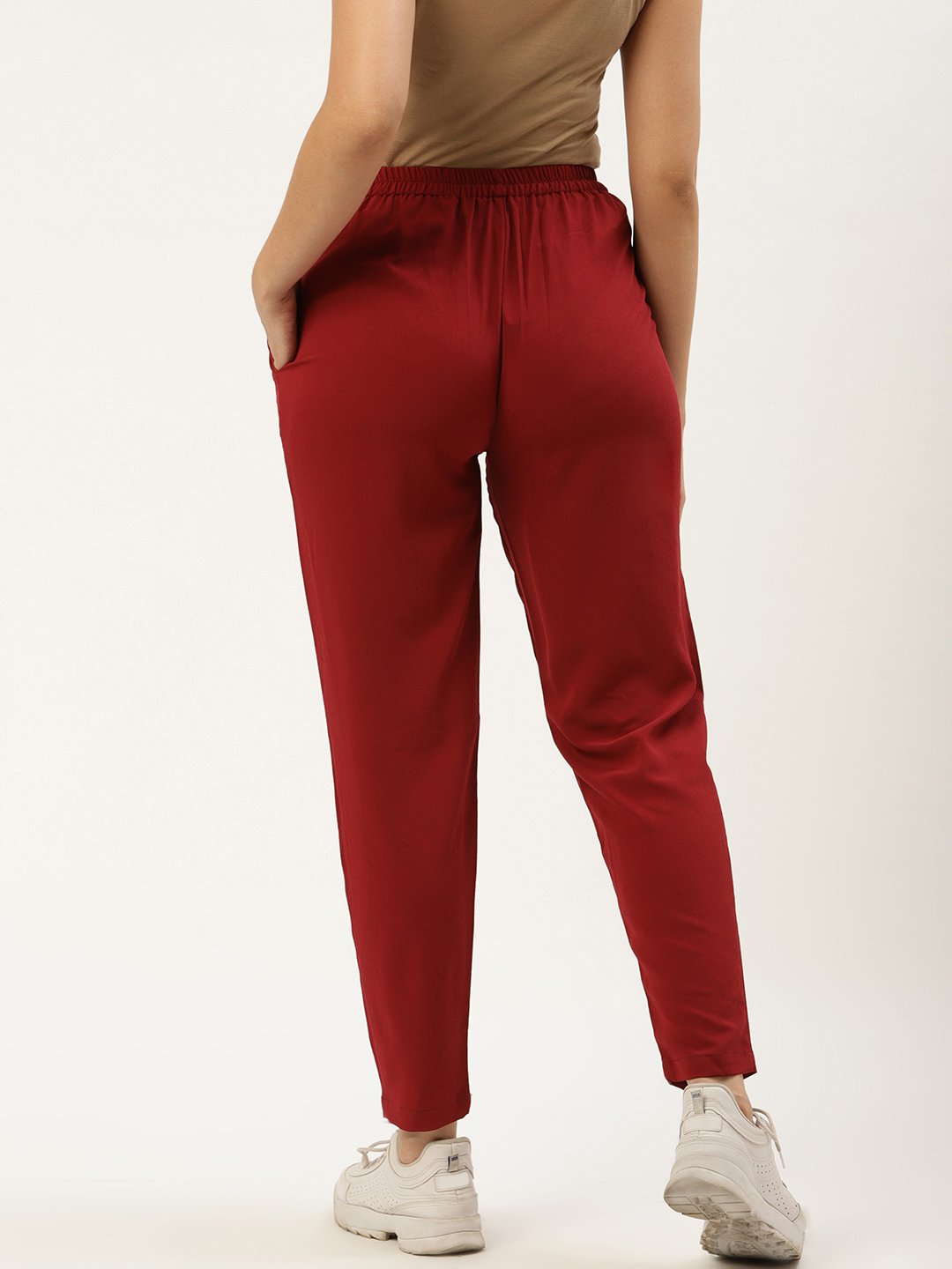 Women Maroon Regular Texture Crepe Straigth Trouser Pant | NOZ2TOZ - Made In INDIA.