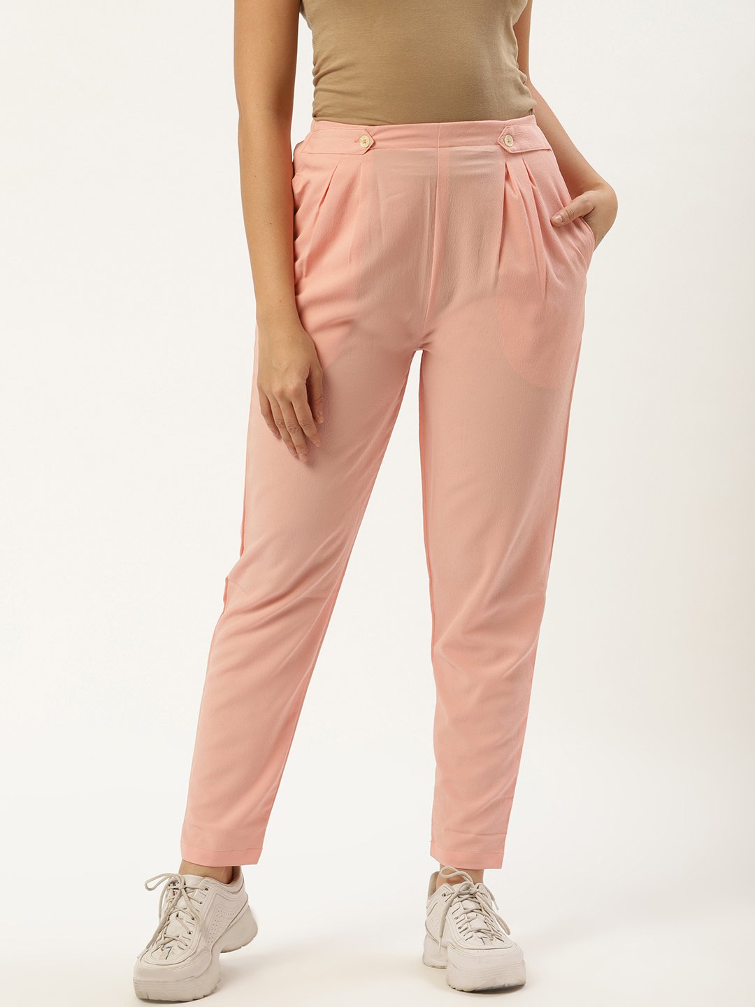 Women Pastel Pink Regular Texture Crepe Straigth Trouser Pant | NOZ2TOZ - Made In INDIA.