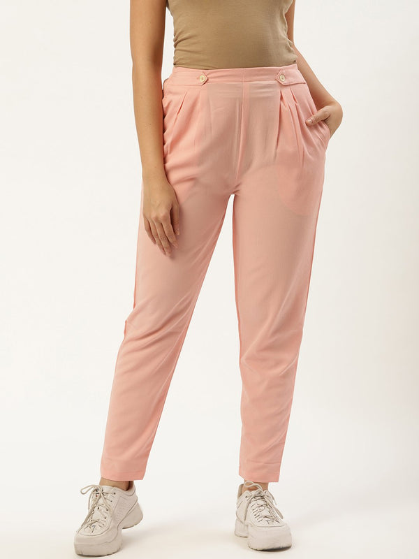 Women Pastel Pink Regular Texture Crepe Straigth Trouser Pant | NOZ2TOZ - Made In INDIA.