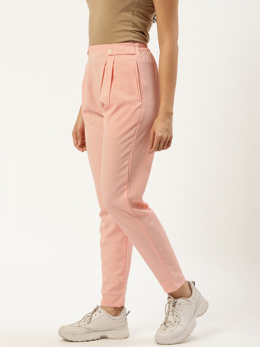 Women Pastel Pink Regular Texture Crepe Straigth Trouser Pant | NOZ2TOZ - Made In INDIA.