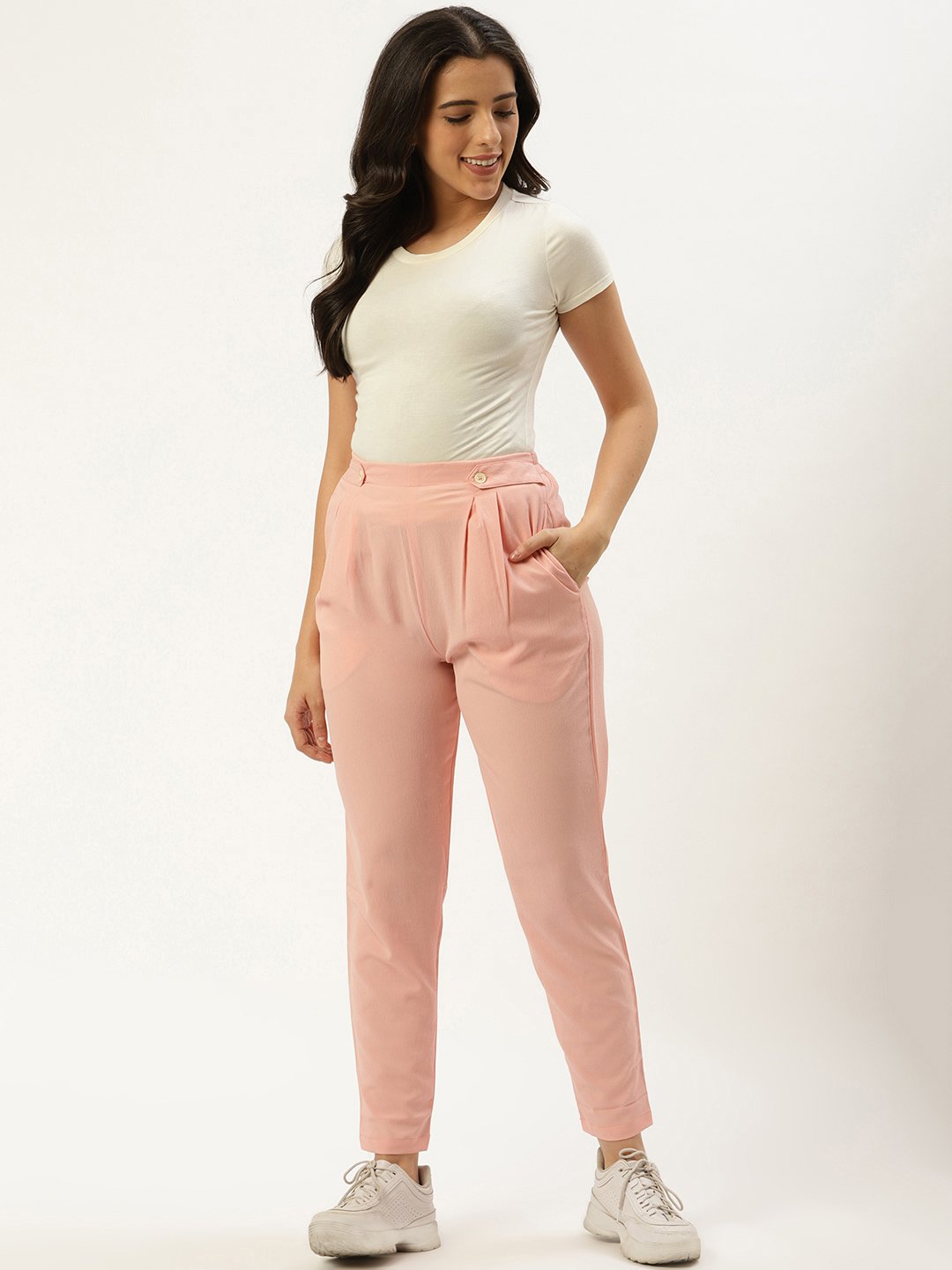 Women Pastel Pink Regular Texture Crepe Straigth Trouser Pant | NOZ2TOZ - Made In INDIA.