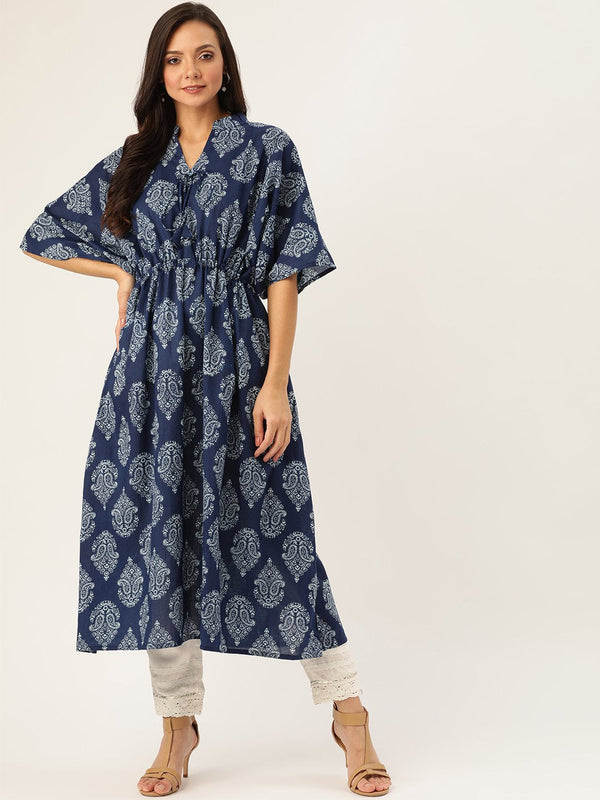 Women Indigo Calf Length Three-Quarter Sleeves Kaftan Floral Cotton Kurta | NOZ2TOZ - Made In INDIA.