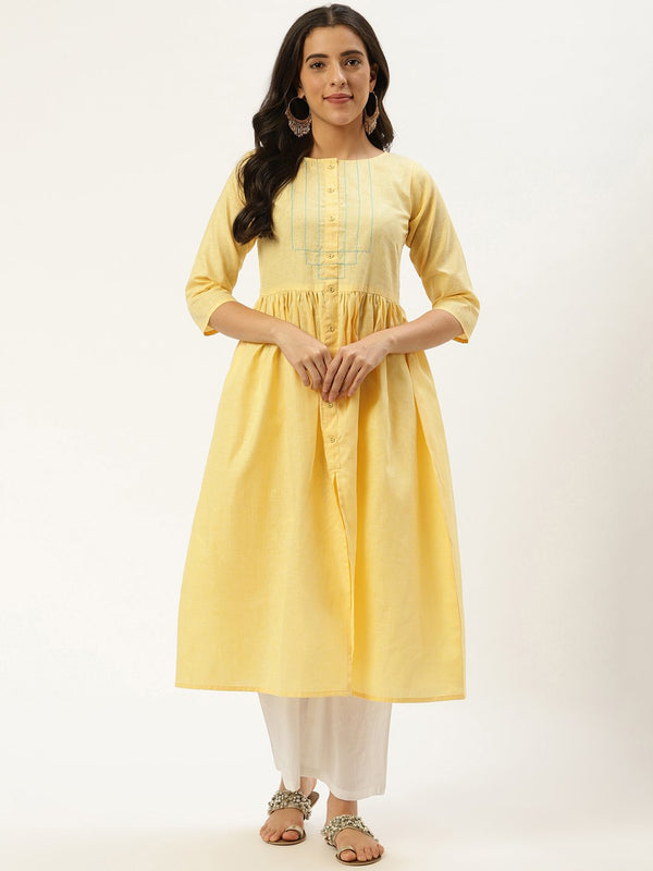 Women Pale Yellow Calf Length Three-Quarter Sleeves A-Line Solid Cotton Kurta | NOZ2TOZ - Made In INDIA.