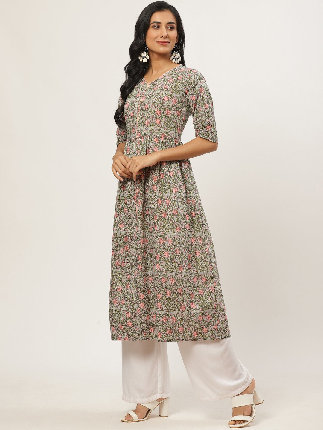 Women Multi Calf Length Three-Quarter Sleeves A-Line Floral Printed Cotton Kurta | NOZ2TOZ - Made In INDIA.