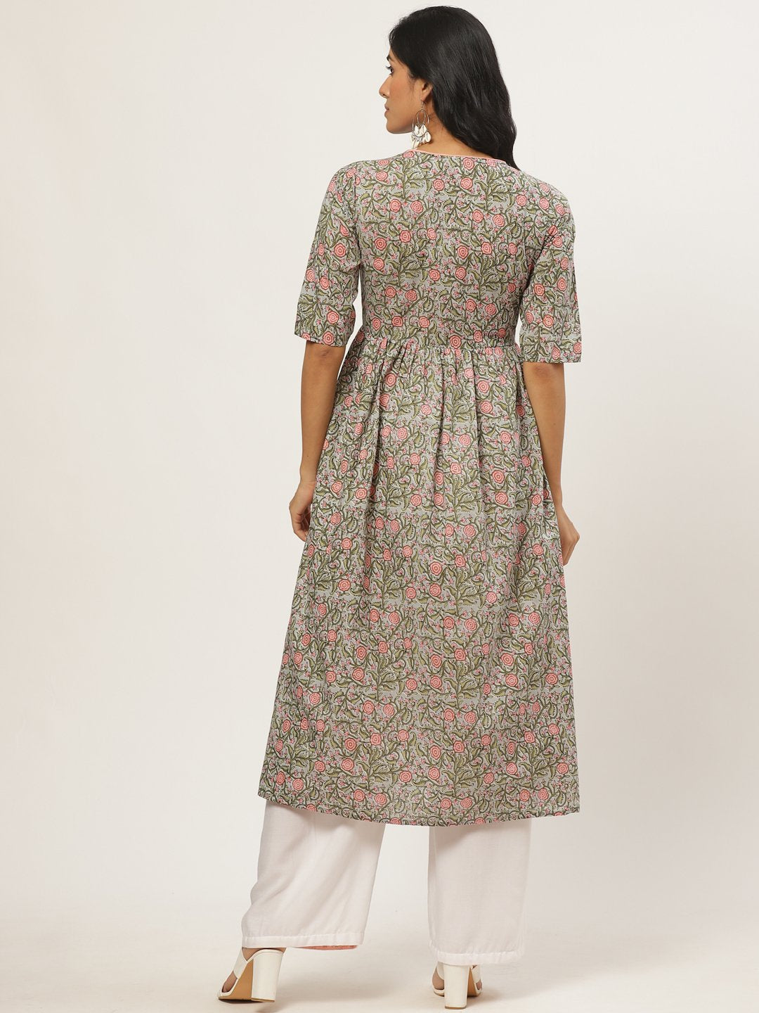 Women Multi Calf Length Three-Quarter Sleeves A-Line Floral Printed Cotton Kurta | NOZ2TOZ - Made In INDIA.