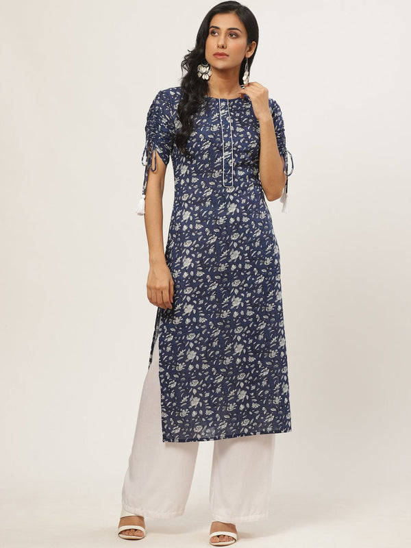 Women Navy Blue Calf Length Three-Quarter Sleeves Straight Floral Printed Cotton Kurta | NOZ2TOZ - Made In INDIA.