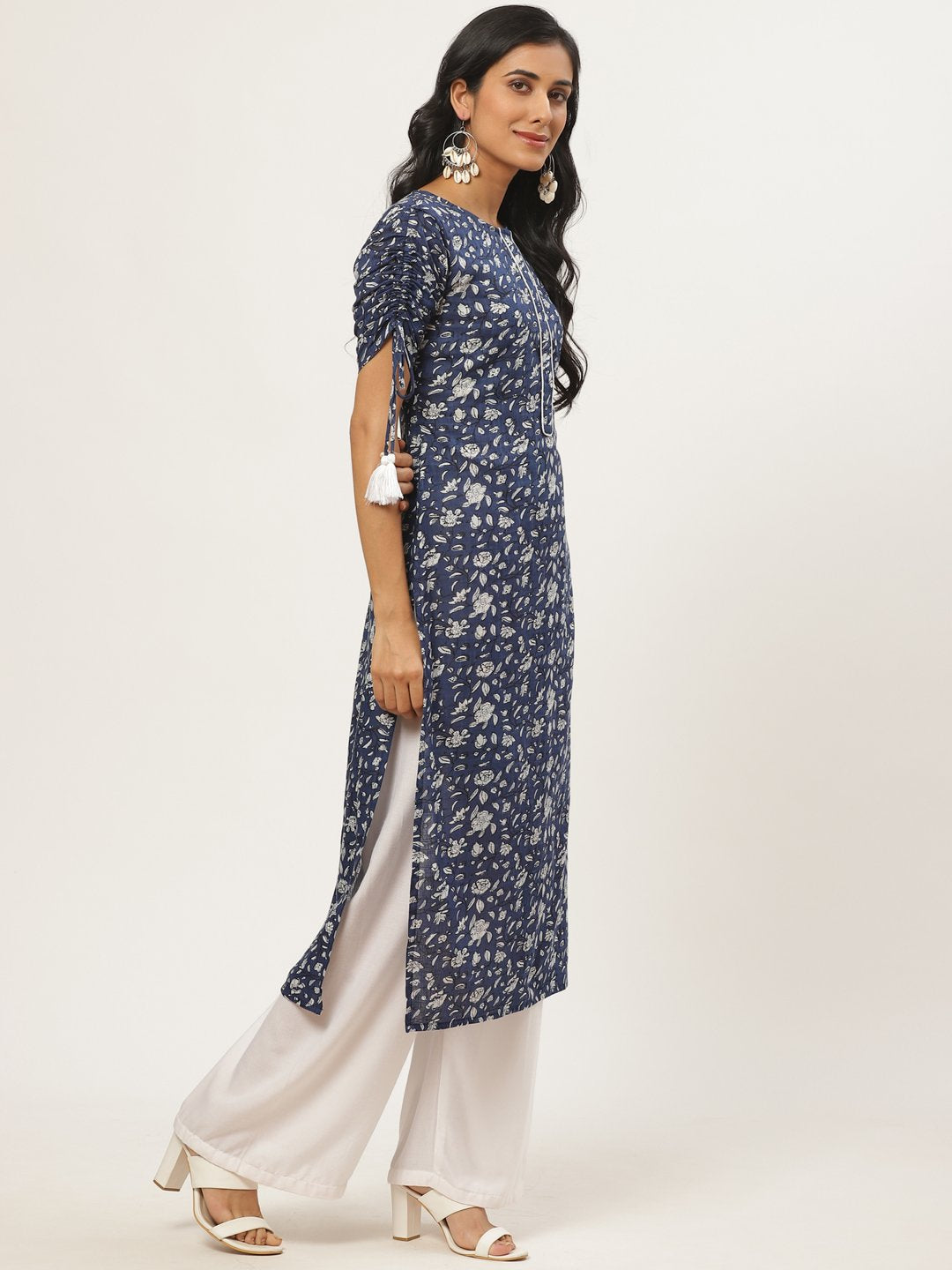 Women Navy Blue Calf Length Three-Quarter Sleeves Straight Floral Printed Cotton Kurta | NOZ2TOZ - Made In INDIA.