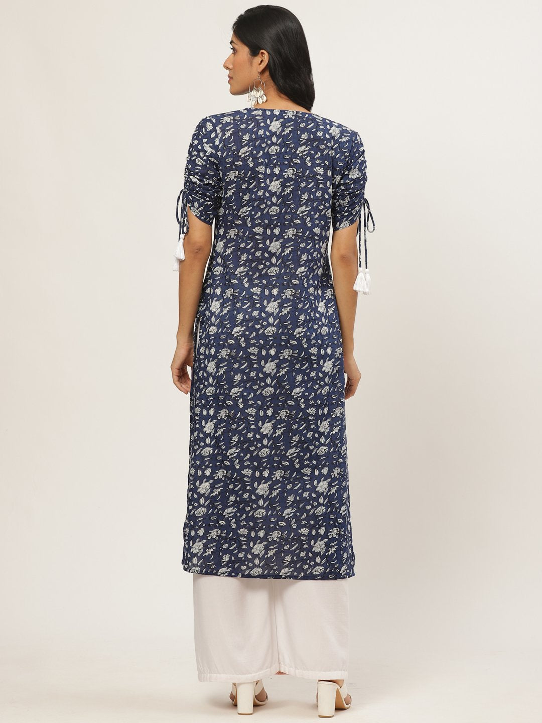 Women Navy Blue Calf Length Three-Quarter Sleeves Straight Floral Printed Cotton Kurta | NOZ2TOZ - Made In INDIA.