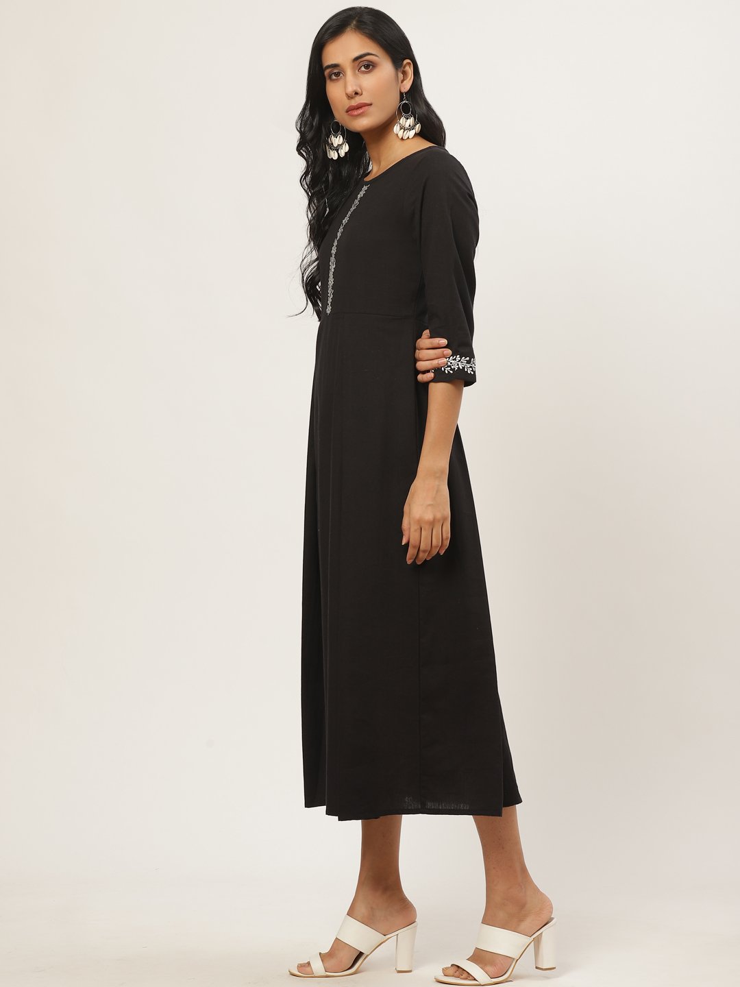 Women Black Solid Solid Round Neck Cotton Fit and Flare Dress | NOZ2TOZ - Made In INDIA.