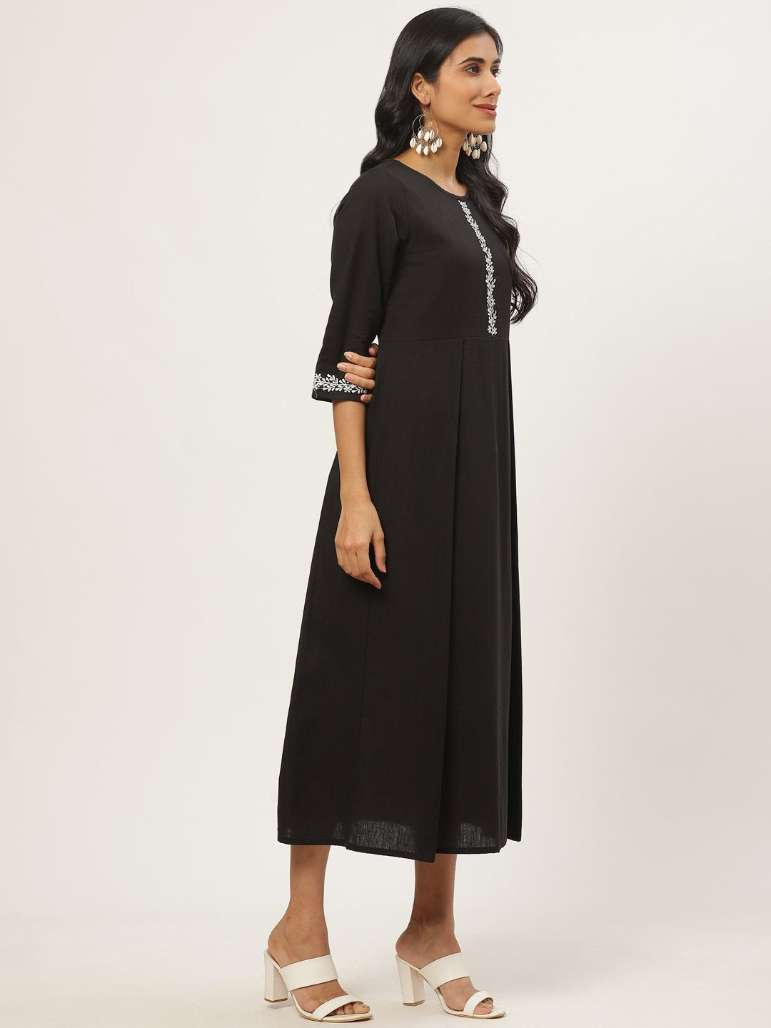 Women Black Solid Solid Round Neck Cotton Fit and Flare Dress | NOZ2TOZ - Made In INDIA.