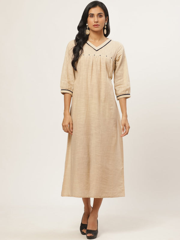 Women Beige Solid Solid V-Neck Cotton A-Line Dress | NOZ2TOZ - Made In INDIA.