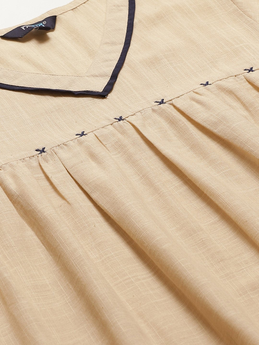 Women Beige Solid Solid V-Neck Cotton A-Line Dress | NOZ2TOZ - Made In INDIA.