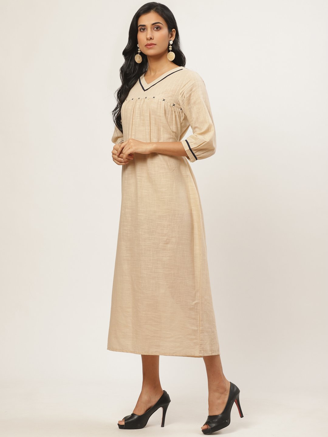 Women Beige Solid Solid V-Neck Cotton A-Line Dress | NOZ2TOZ - Made In INDIA.