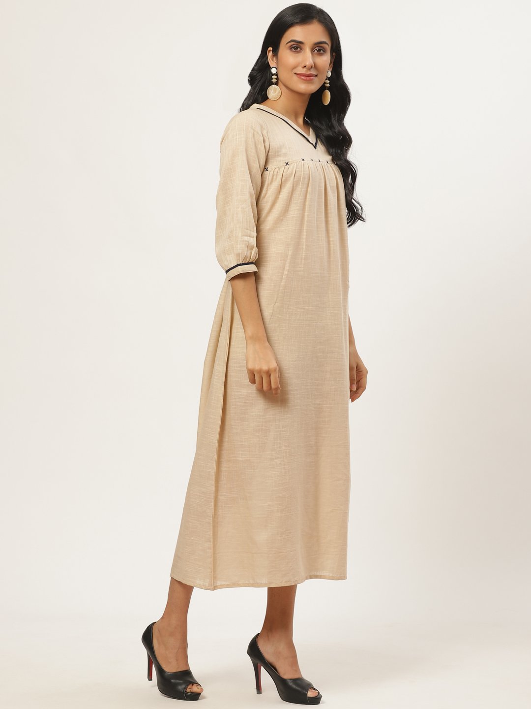 Women Beige Solid Solid V-Neck Cotton A-Line Dress | NOZ2TOZ - Made In INDIA.