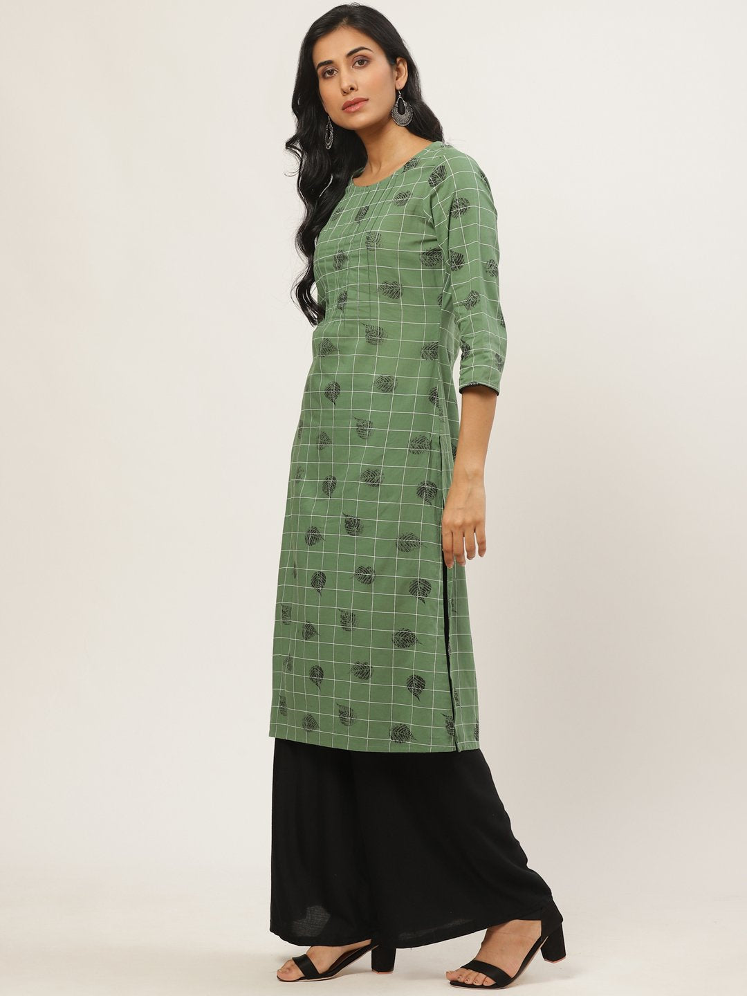 Women Green Calf Length Three-Quarter Sleeves Straight Ethnic Motifs Yoke Design Cotton Kurta | NOZ2TOZ - Made In INDIA.