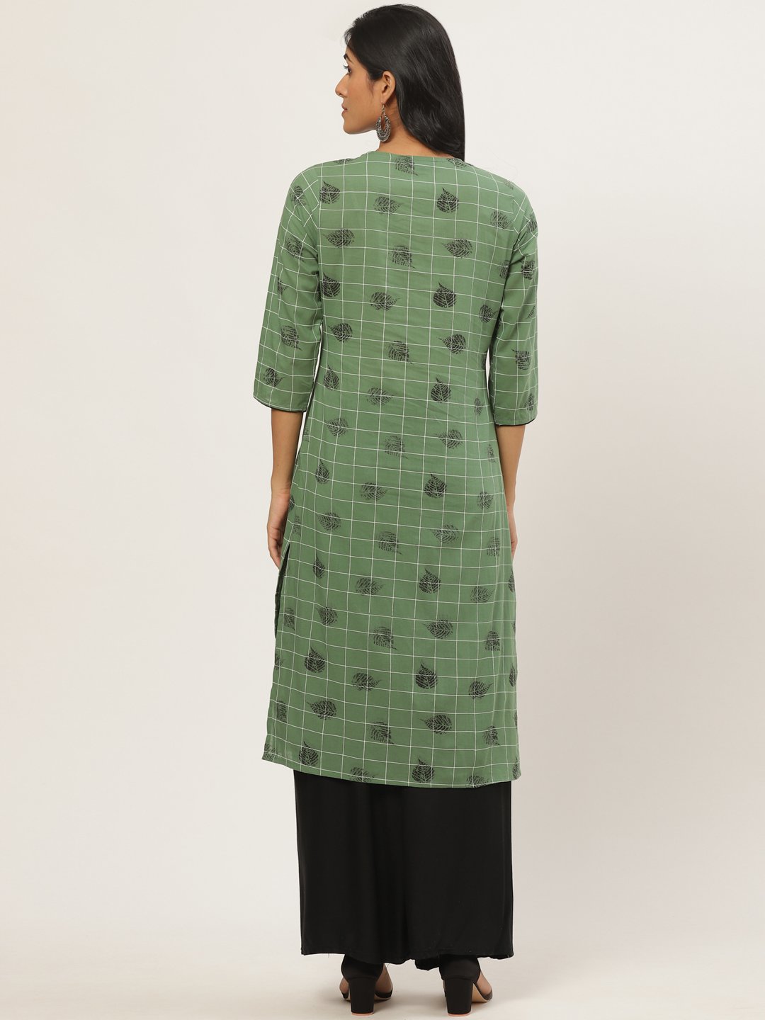 Women Green Calf Length Three-Quarter Sleeves Straight Ethnic Motifs Yoke Design Cotton Kurta | NOZ2TOZ - Made In INDIA.