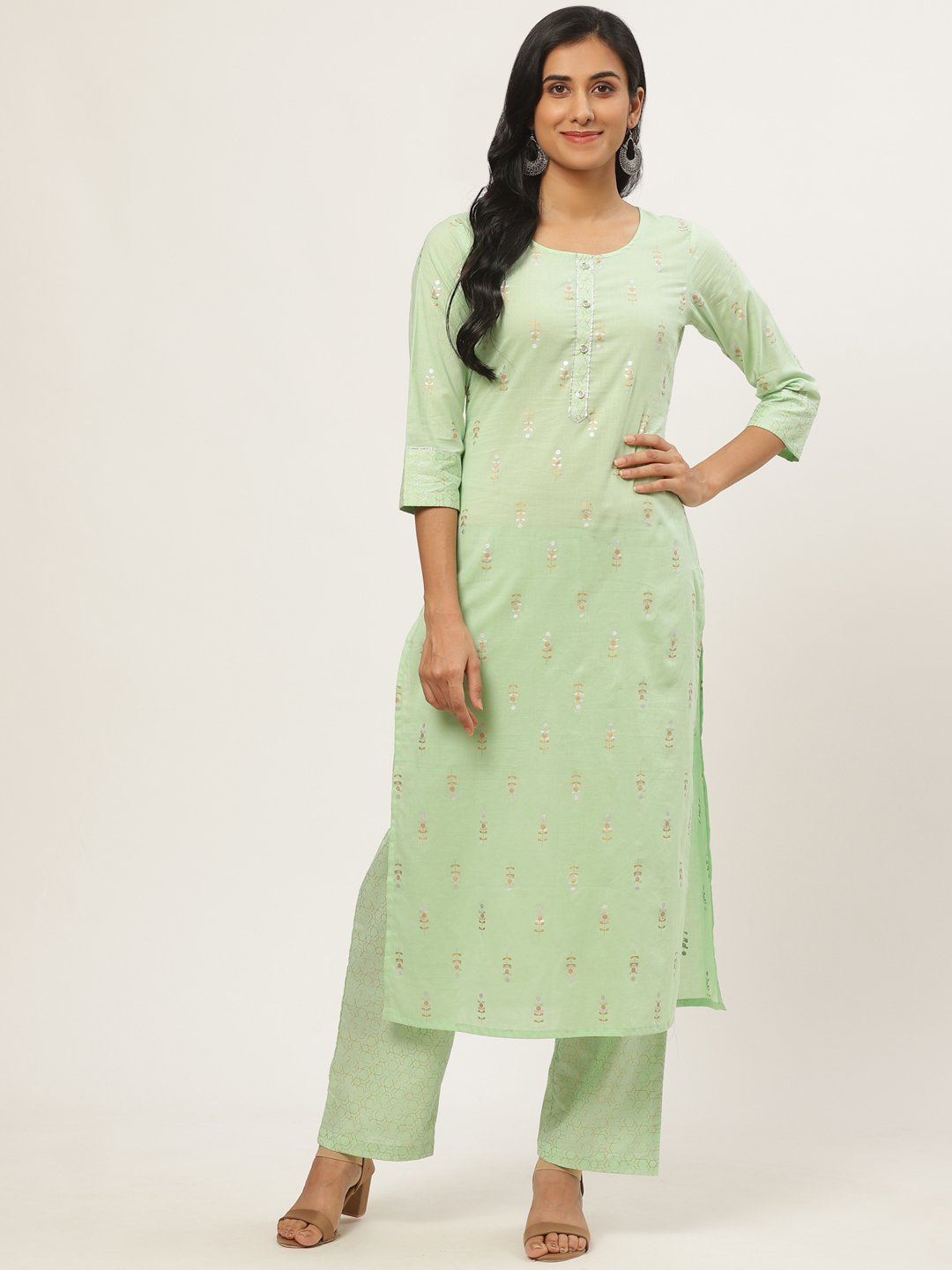 Women Green Three-Quarter Sleeves Straight Kurta with Palazzo | NOZ2TOZ - Made In INDIA.