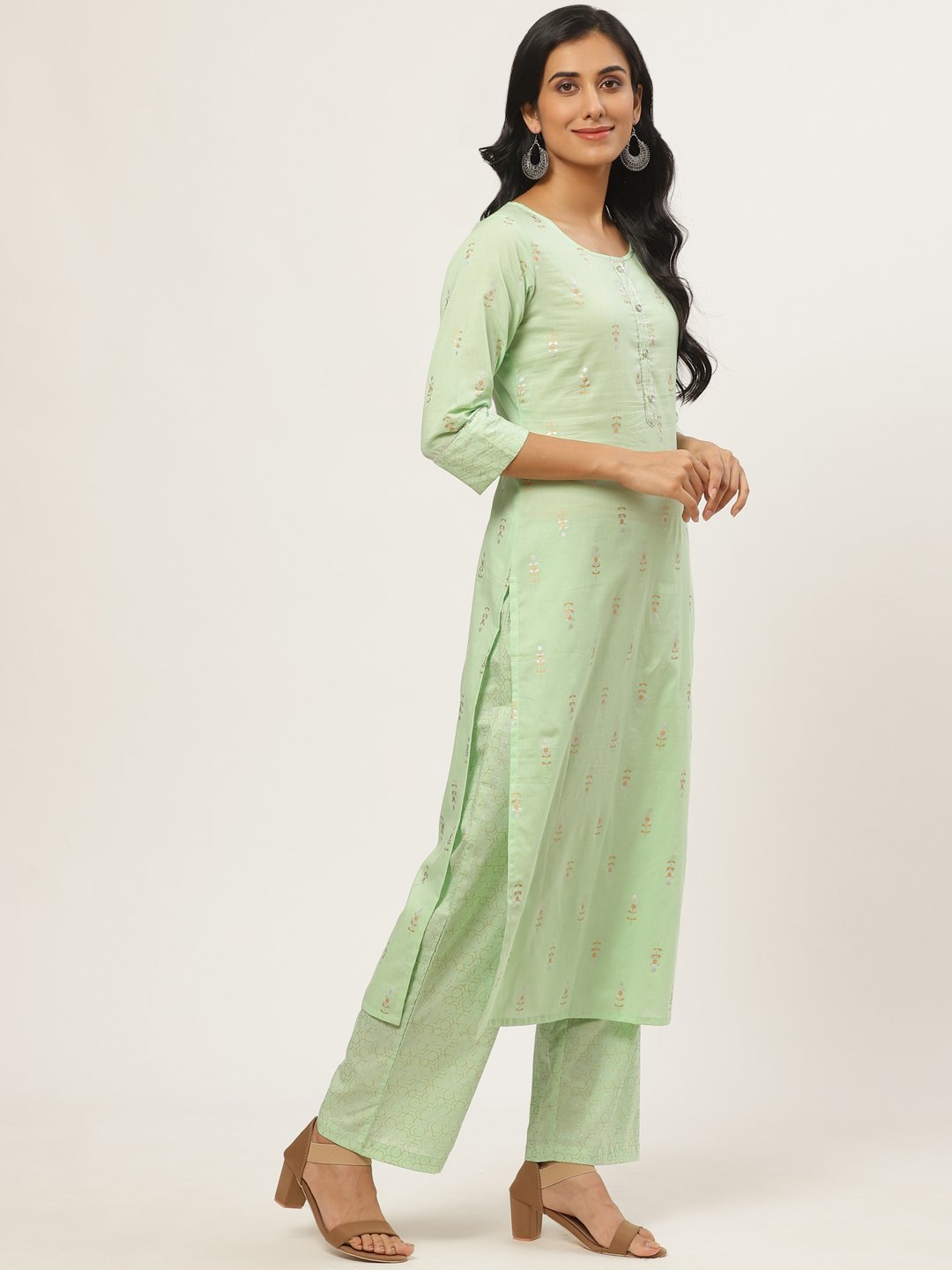 Women Green Three-Quarter Sleeves Straight Kurta with Palazzo | NOZ2TOZ - Made In INDIA.