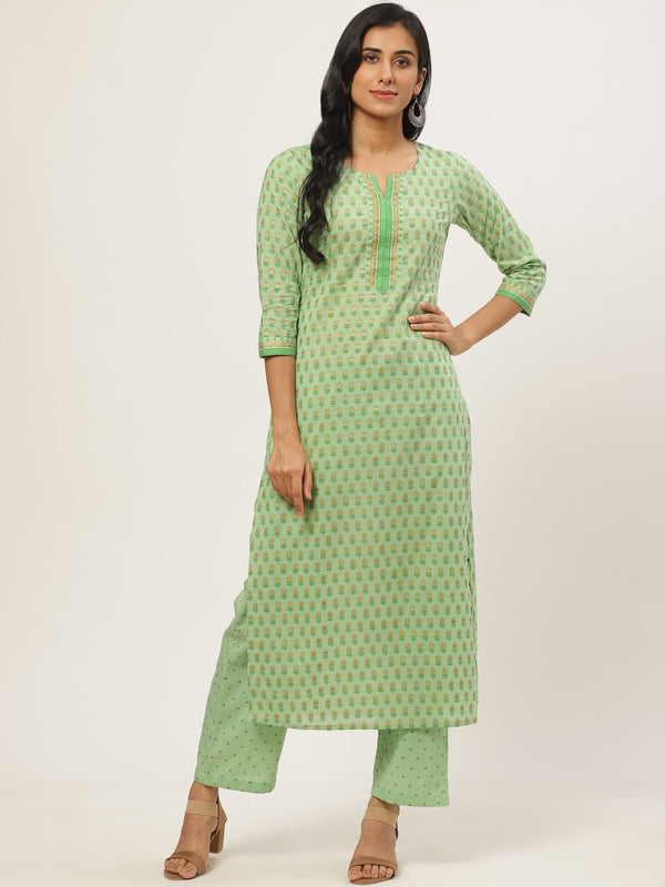 Women Green Three-Quarter Sleeves Straight Kurta with Palazzo | NOZ2TOZ - Made In INDIA.