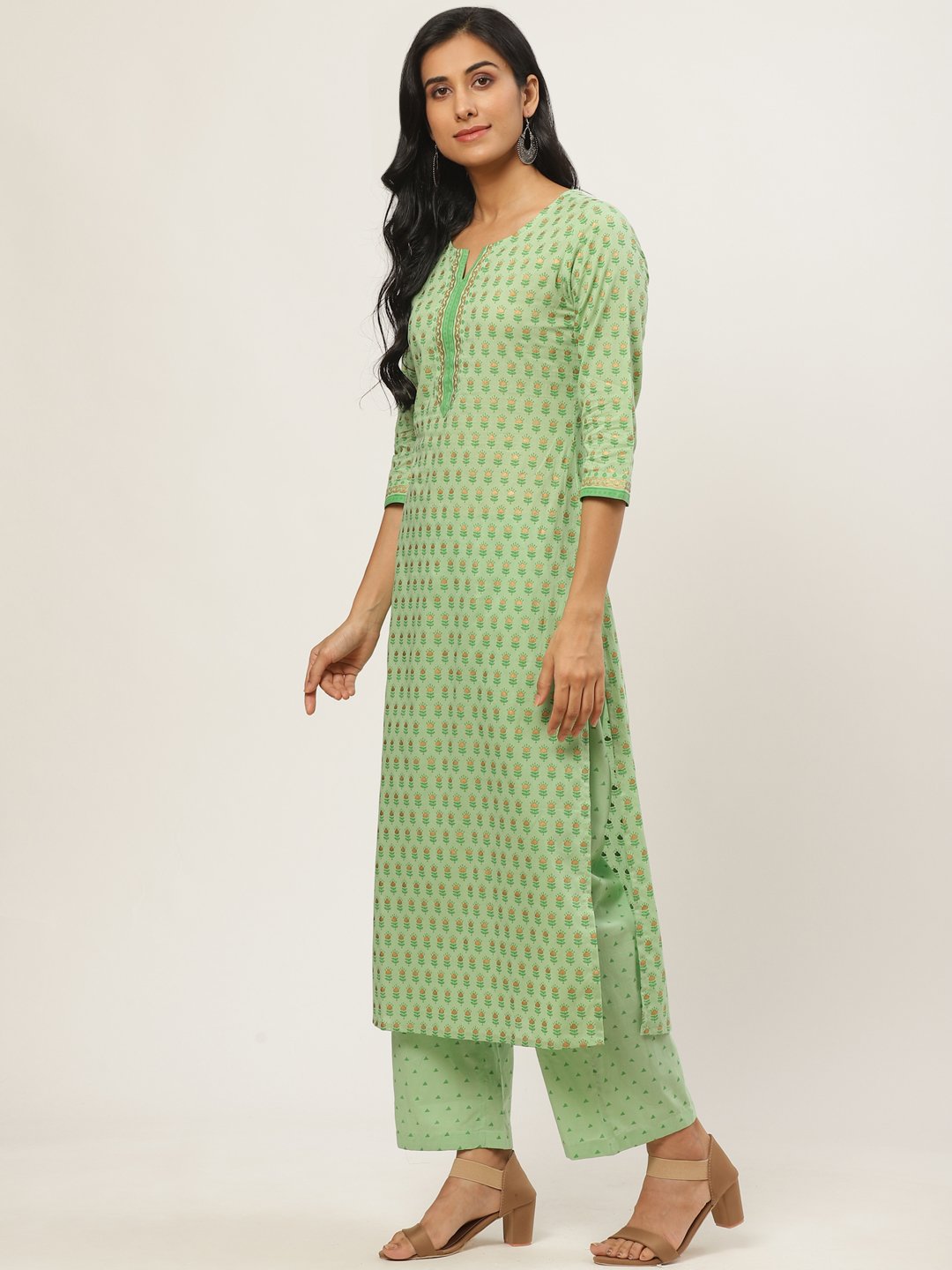 Women Green Three-Quarter Sleeves Straight Kurta with Palazzo | NOZ2TOZ - Made In INDIA.