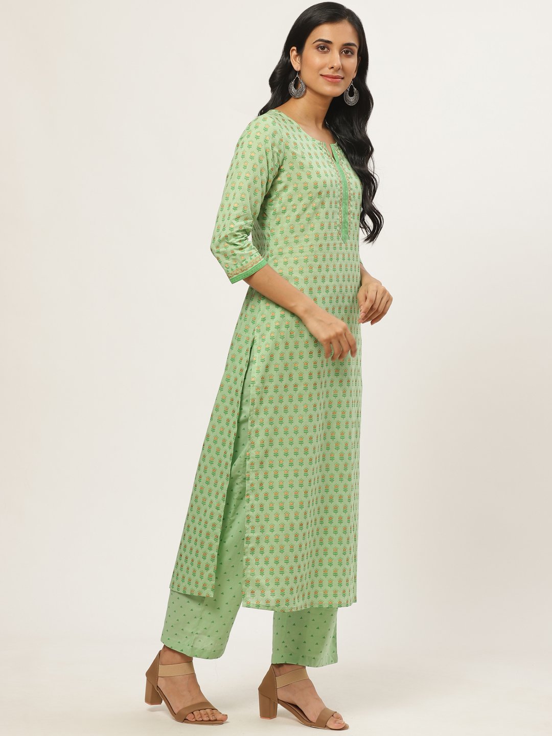 Women Green Three-Quarter Sleeves Straight Kurta with Palazzo | NOZ2TOZ - Made In INDIA.