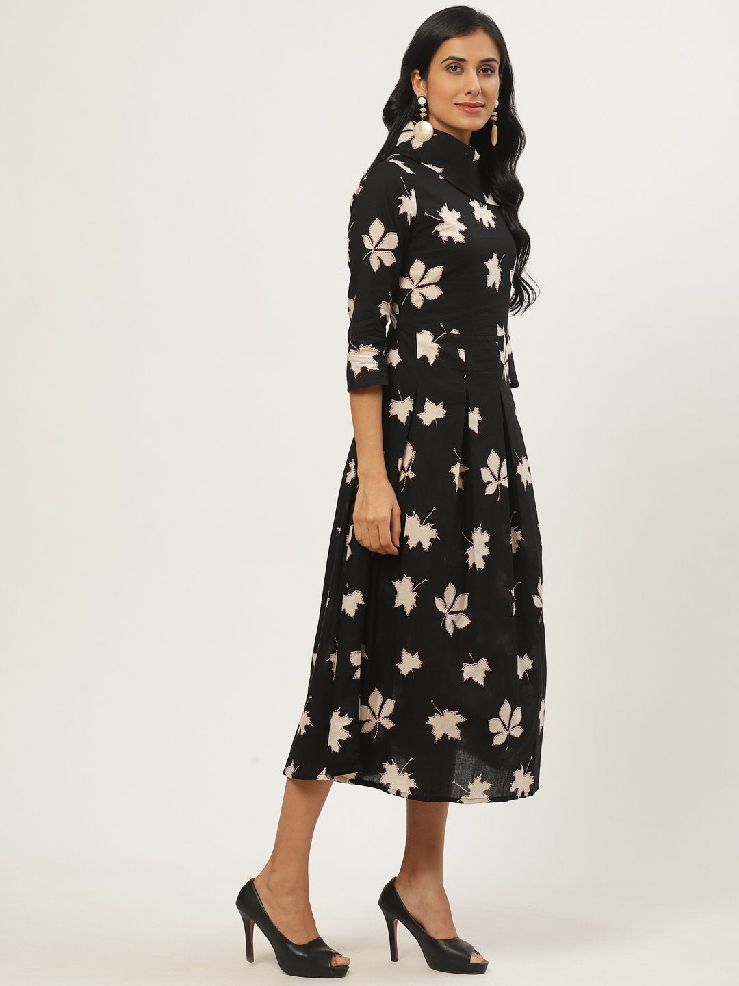 Women Black Floral Printed Shirt Collar Cotton Fit and Flare Dress | NOZ2TOZ - Made In INDIA.