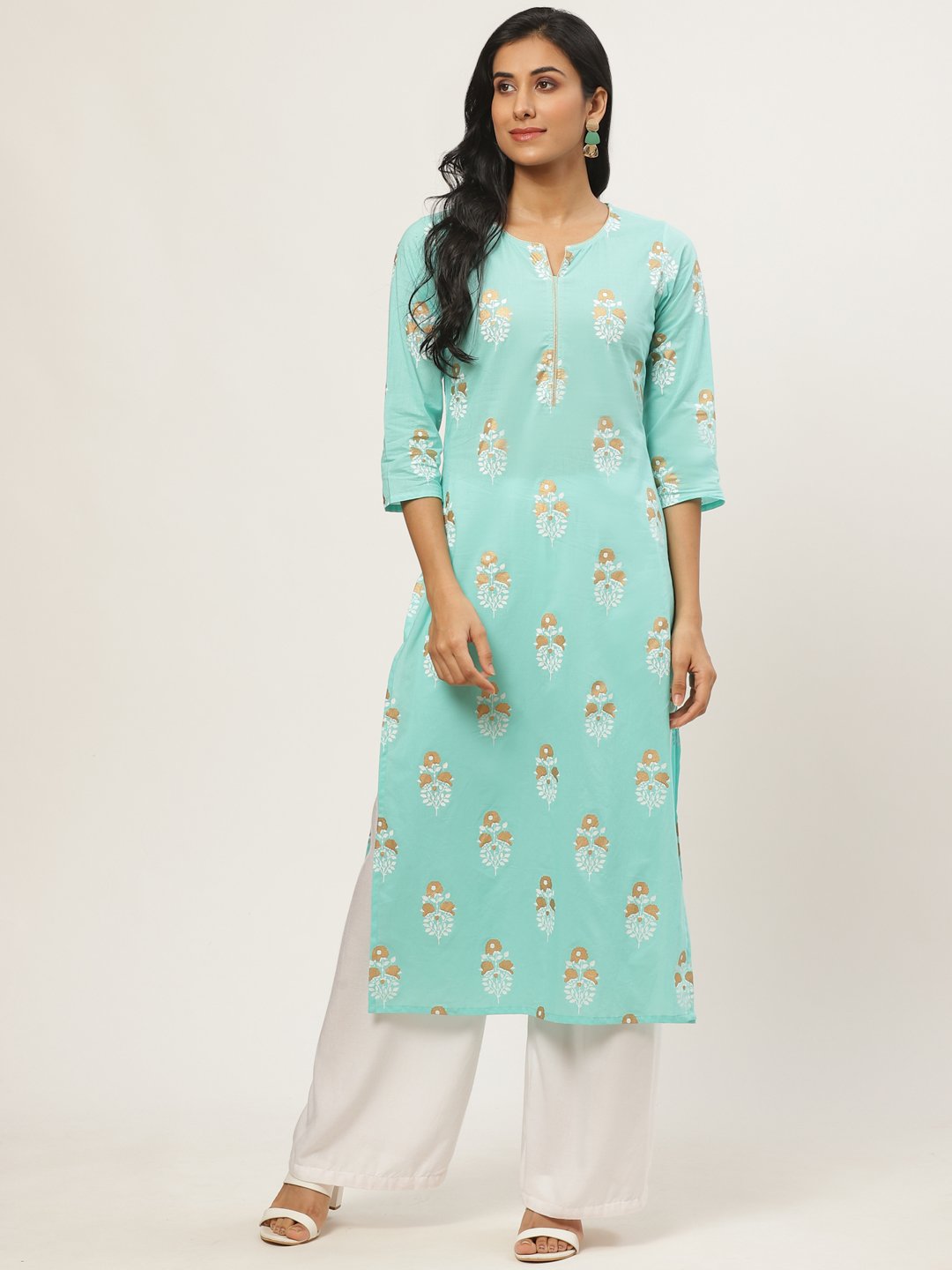 Women Skyblue Calf Length Three-Quarter Sleeves Straight Floral Printed Cotton Kurta | NOZ2TOZ - Made In INDIA.