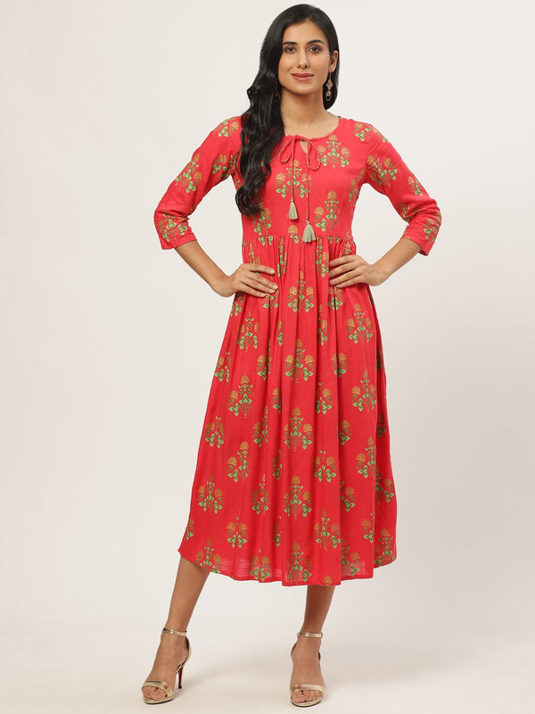 Women Coral Floral Printed V-Neck Cotton Fit and Flare Dress | NOZ2TOZ - Made In INDIA.