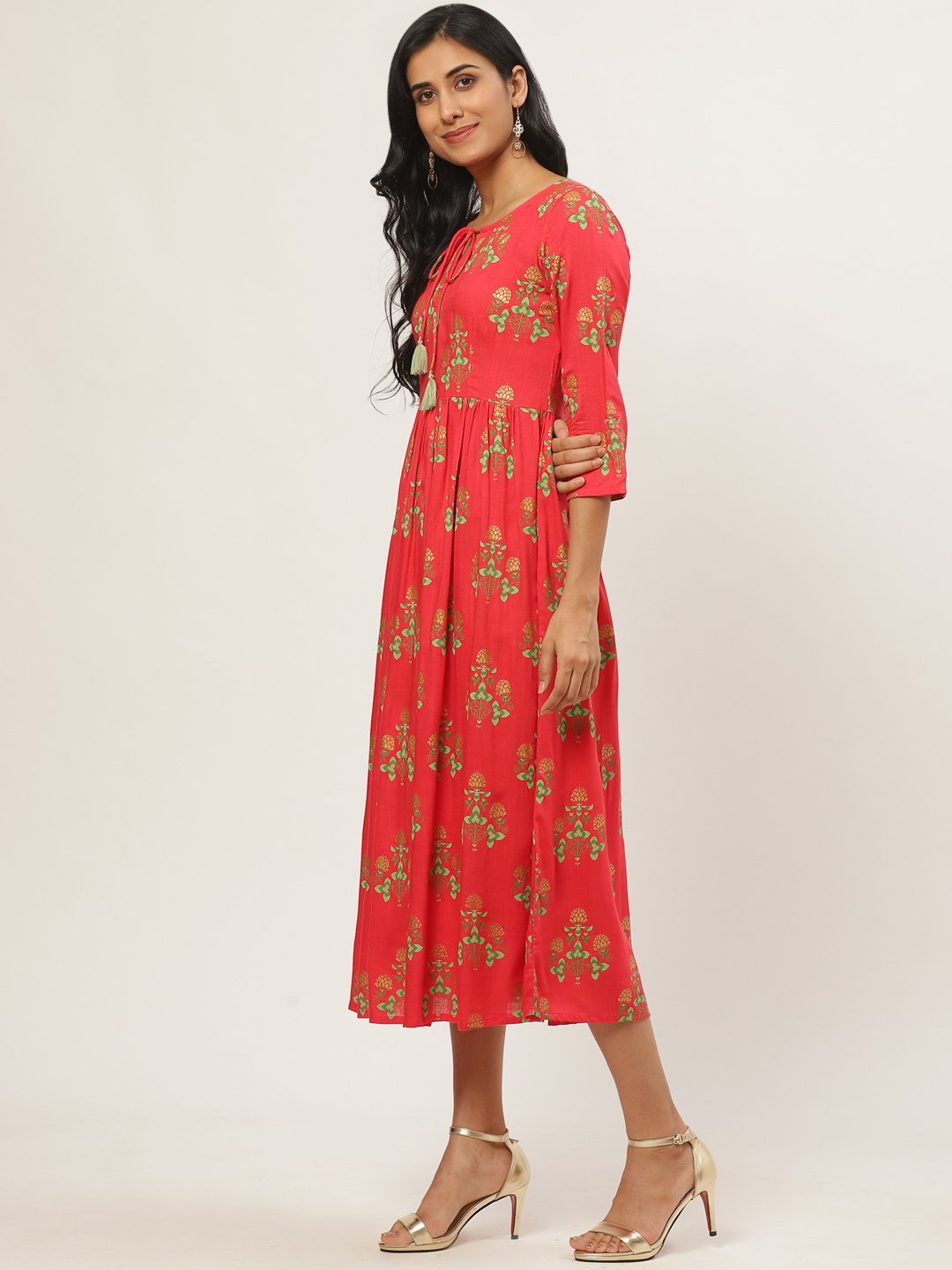 Women Coral Floral Printed V-Neck Cotton Fit and Flare Dress | NOZ2TOZ - Made In INDIA.