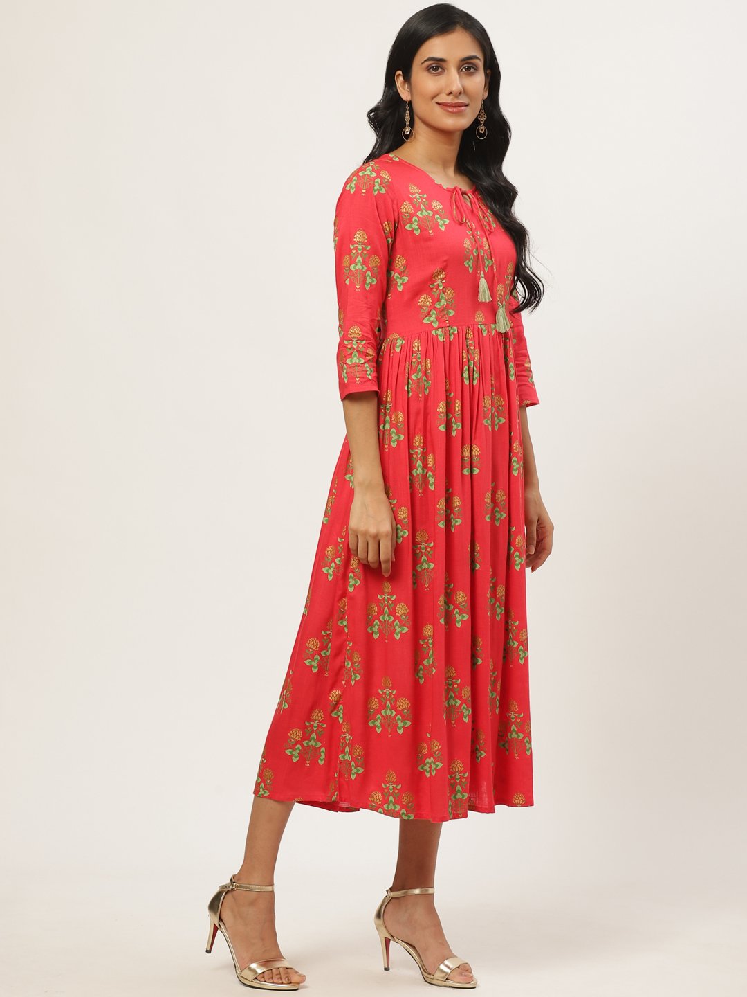 Women Coral Floral Printed V-Neck Cotton Fit and Flare Dress | NOZ2TOZ - Made In INDIA.