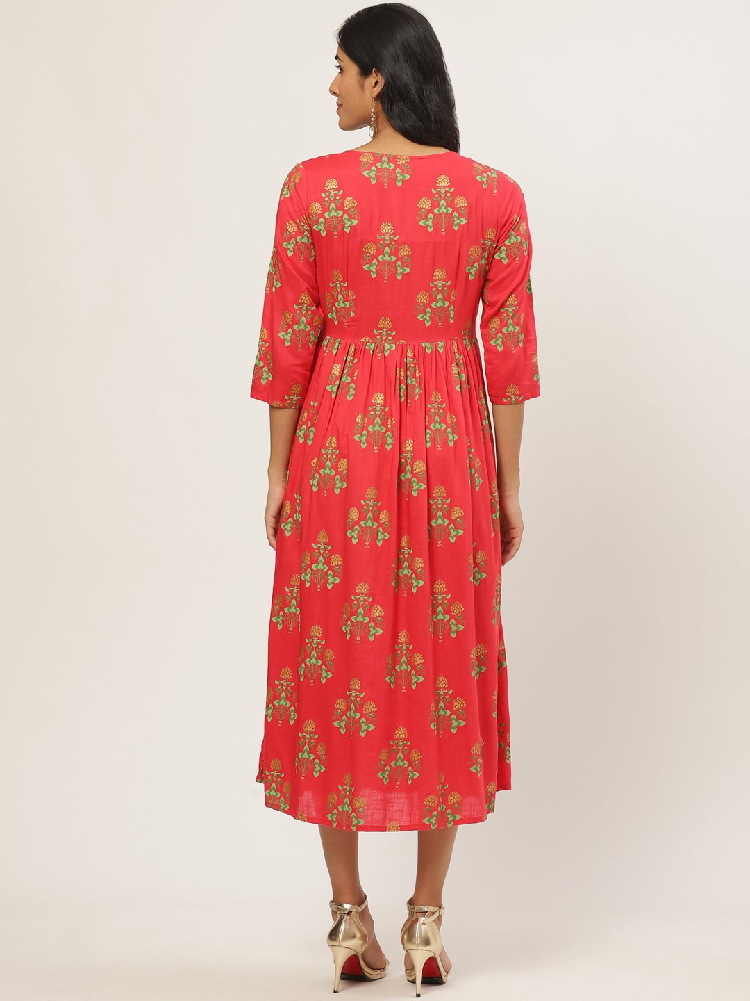 Women Coral Floral Printed V-Neck Cotton Fit and Flare Dress | NOZ2TOZ - Made In INDIA.