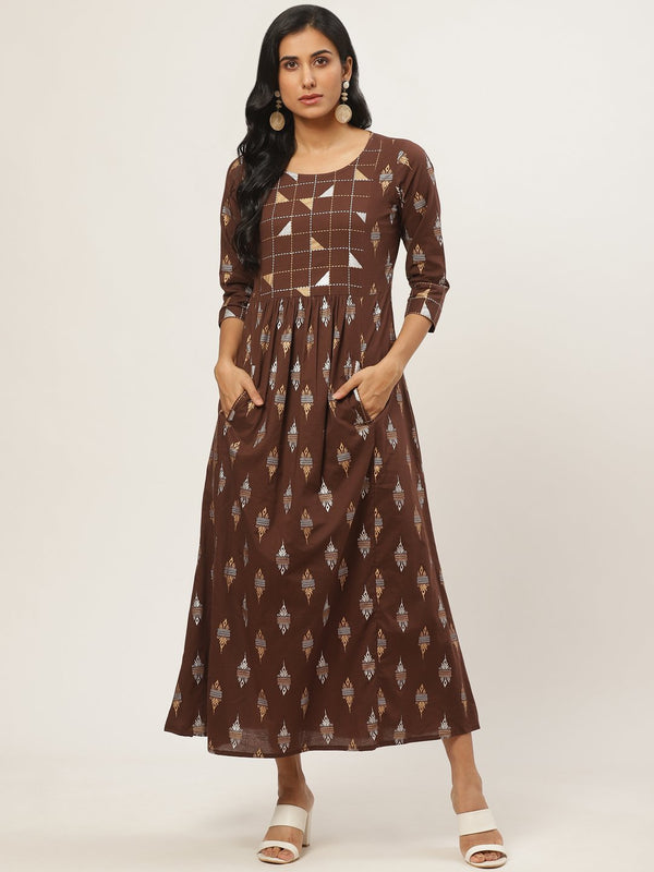 Women Brown Ethnic Motifs Printed Round Neck Cotton Fit and Flare Dress | NOZ2TOZ - Made In INDIA.