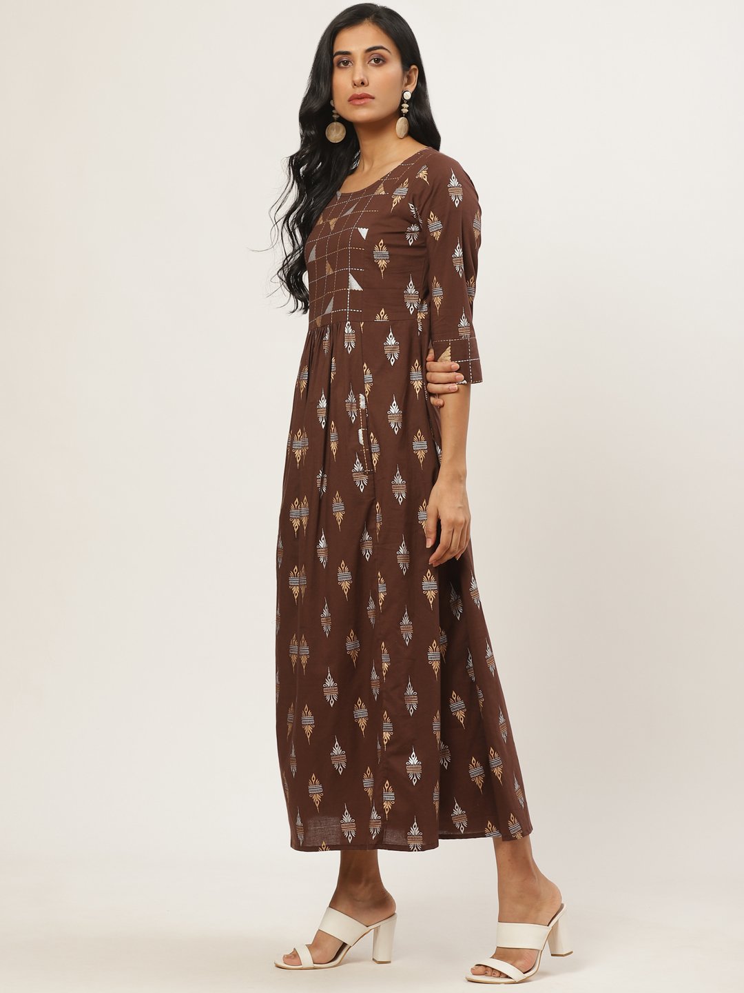 Women Brown Ethnic Motifs Printed Round Neck Cotton Fit and Flare Dress | NOZ2TOZ - Made In INDIA.