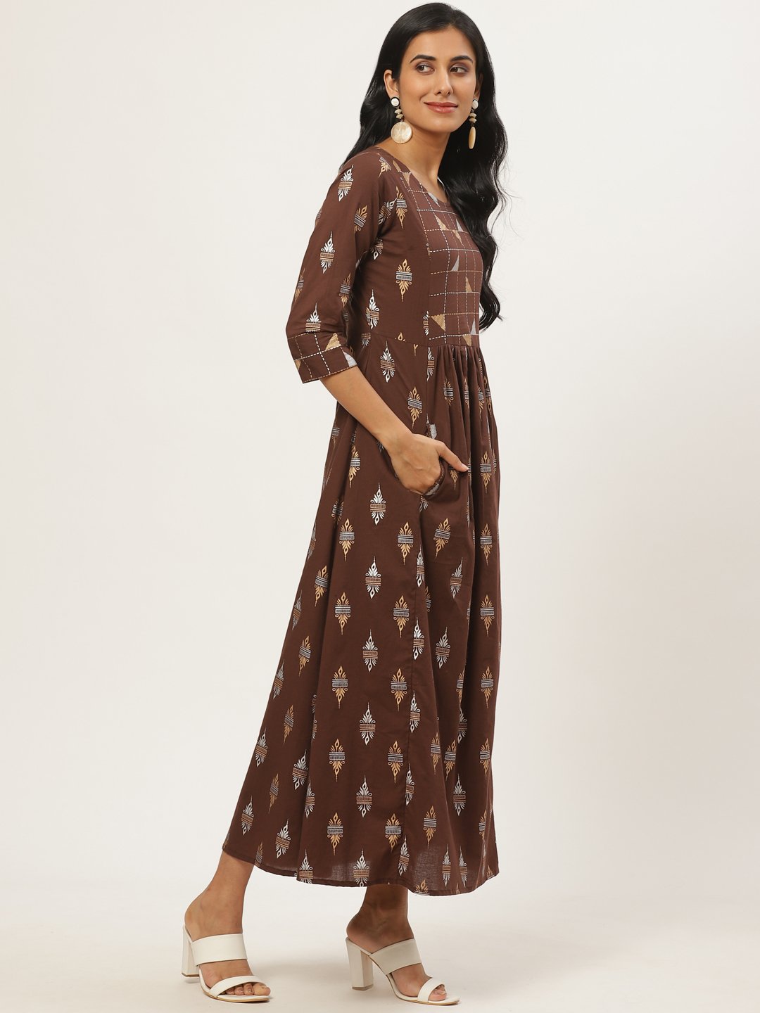 Women Brown Ethnic Motifs Printed Round Neck Cotton Fit and Flare Dress | NOZ2TOZ - Made In INDIA.