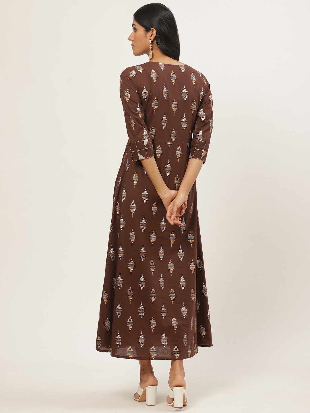 Women Brown Ethnic Motifs Printed Round Neck Cotton Fit and Flare Dress | NOZ2TOZ - Made In INDIA.