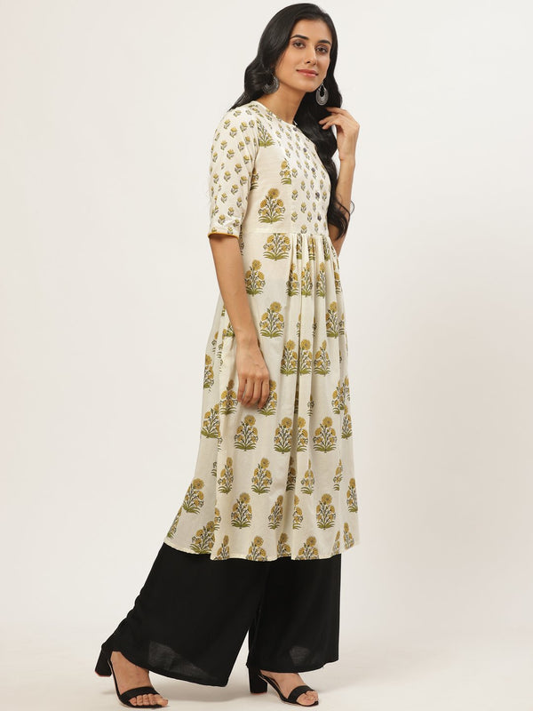 Women Off white Calf Length Three-Quarter Sleeves A-Line Floral Yoke Design Cotton Kurta | NOZ2TOZ - Made In INDIA.