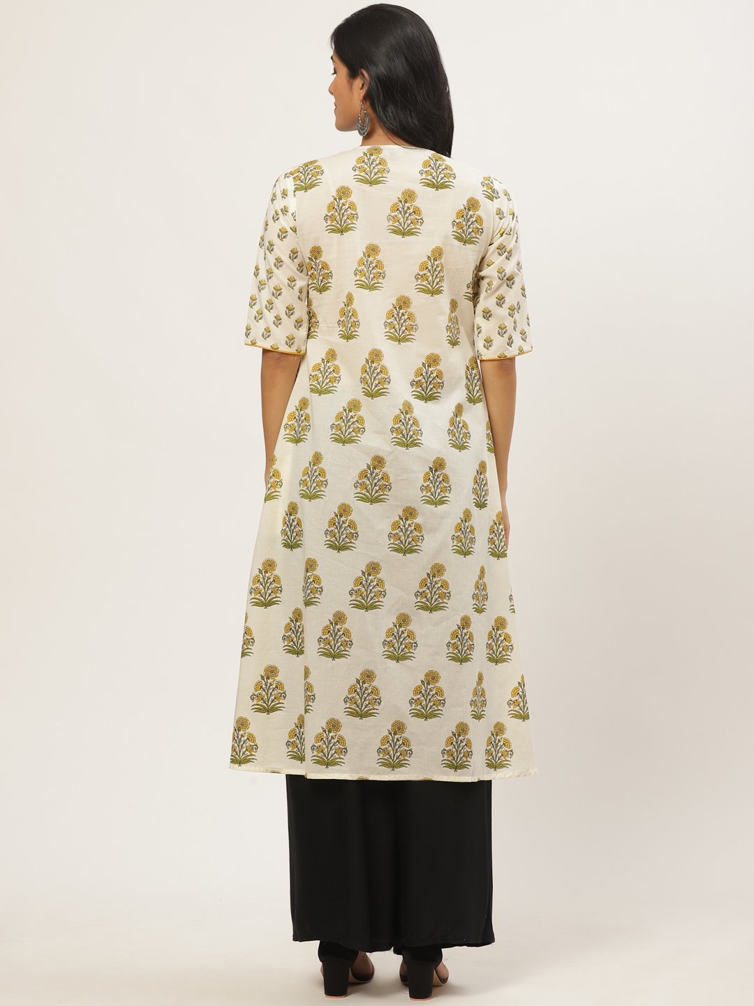 Women Off white Calf Length Three-Quarter Sleeves A-Line Floral Yoke Design Cotton Kurta | NOZ2TOZ - Made In INDIA.