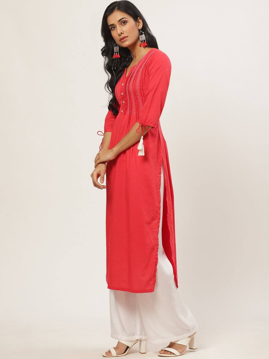 Women Red Calf Length Three-Quarter Sleeves A-Line Solid Yoke Design Cotton Kurta | NOZ2TOZ - Made In INDIA.