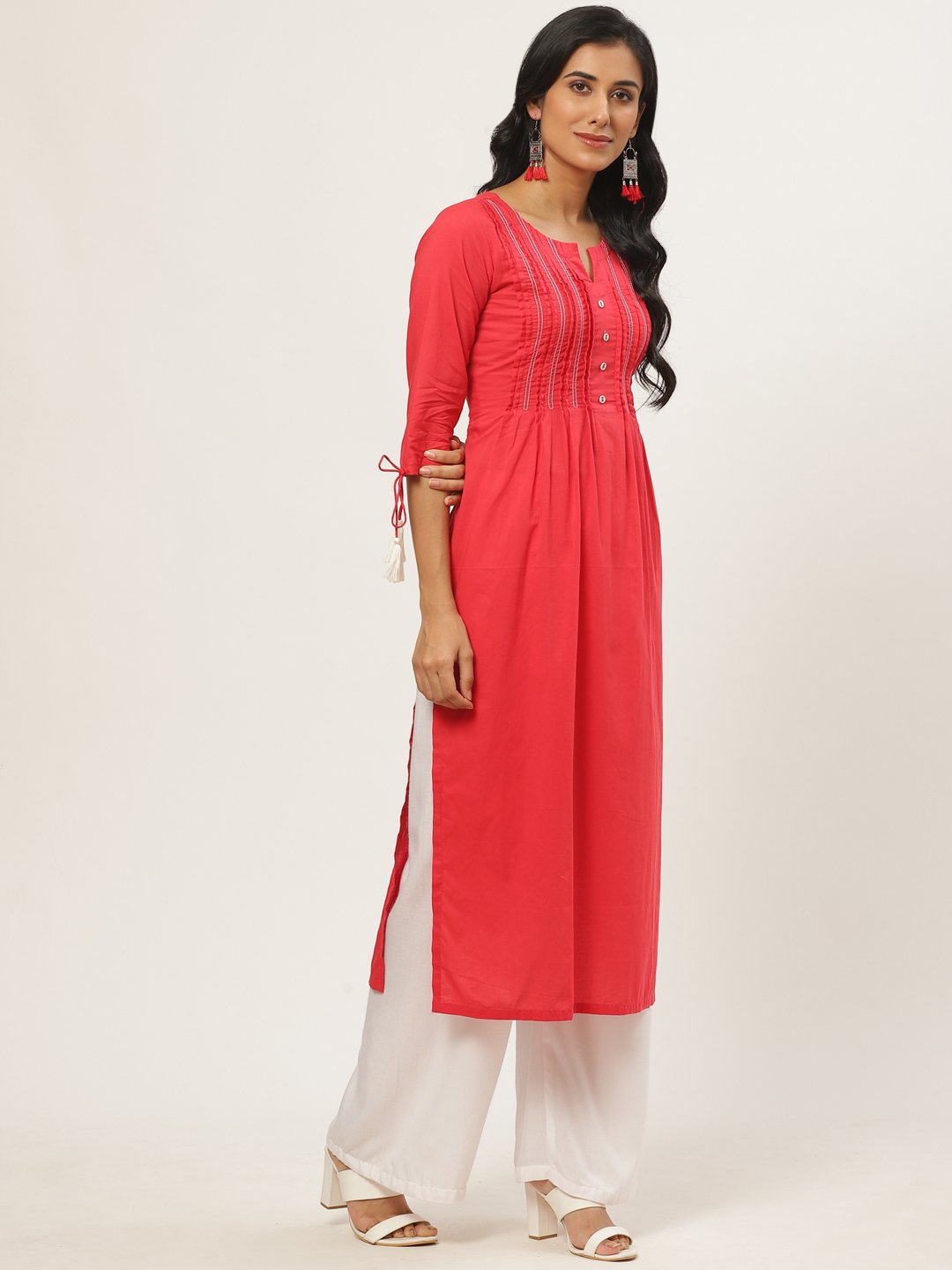 Women Red Calf Length Three-Quarter Sleeves A-Line Solid Yoke Design Cotton Kurta | NOZ2TOZ - Made In INDIA.