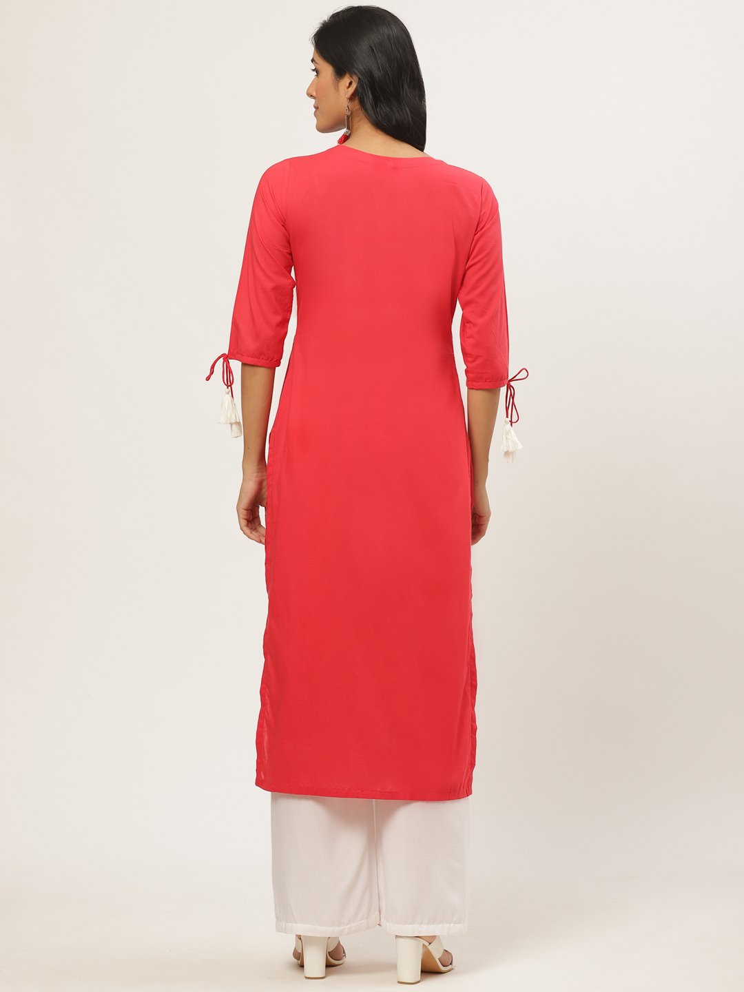 Women Red Calf Length Three-Quarter Sleeves A-Line Solid Yoke Design Cotton Kurta | NOZ2TOZ - Made In INDIA.