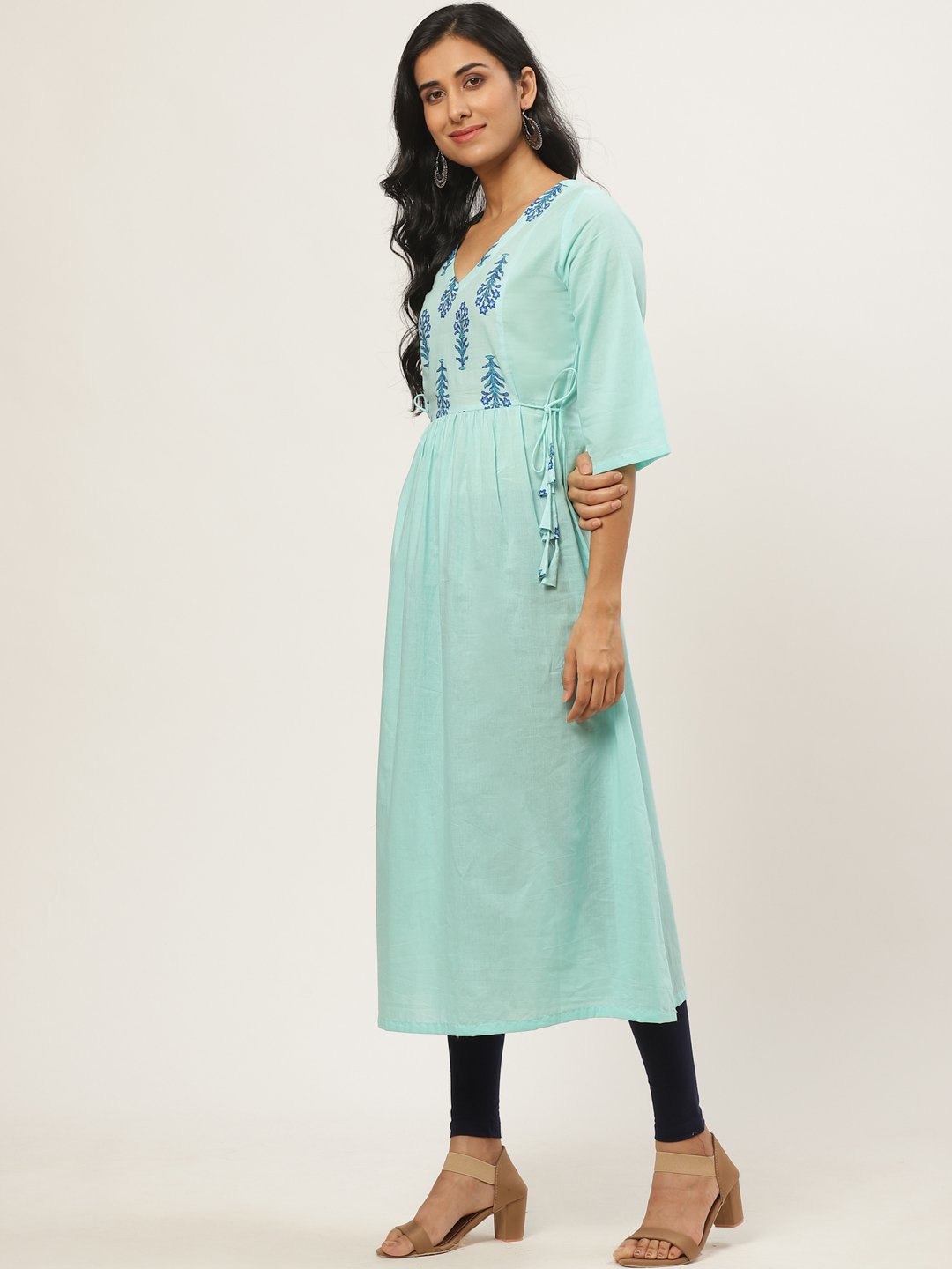 Women Blue Calf Length Three-Quarter Sleeves A-Line Solid Solid Cotton Kurta | NOZ2TOZ - Made In INDIA.