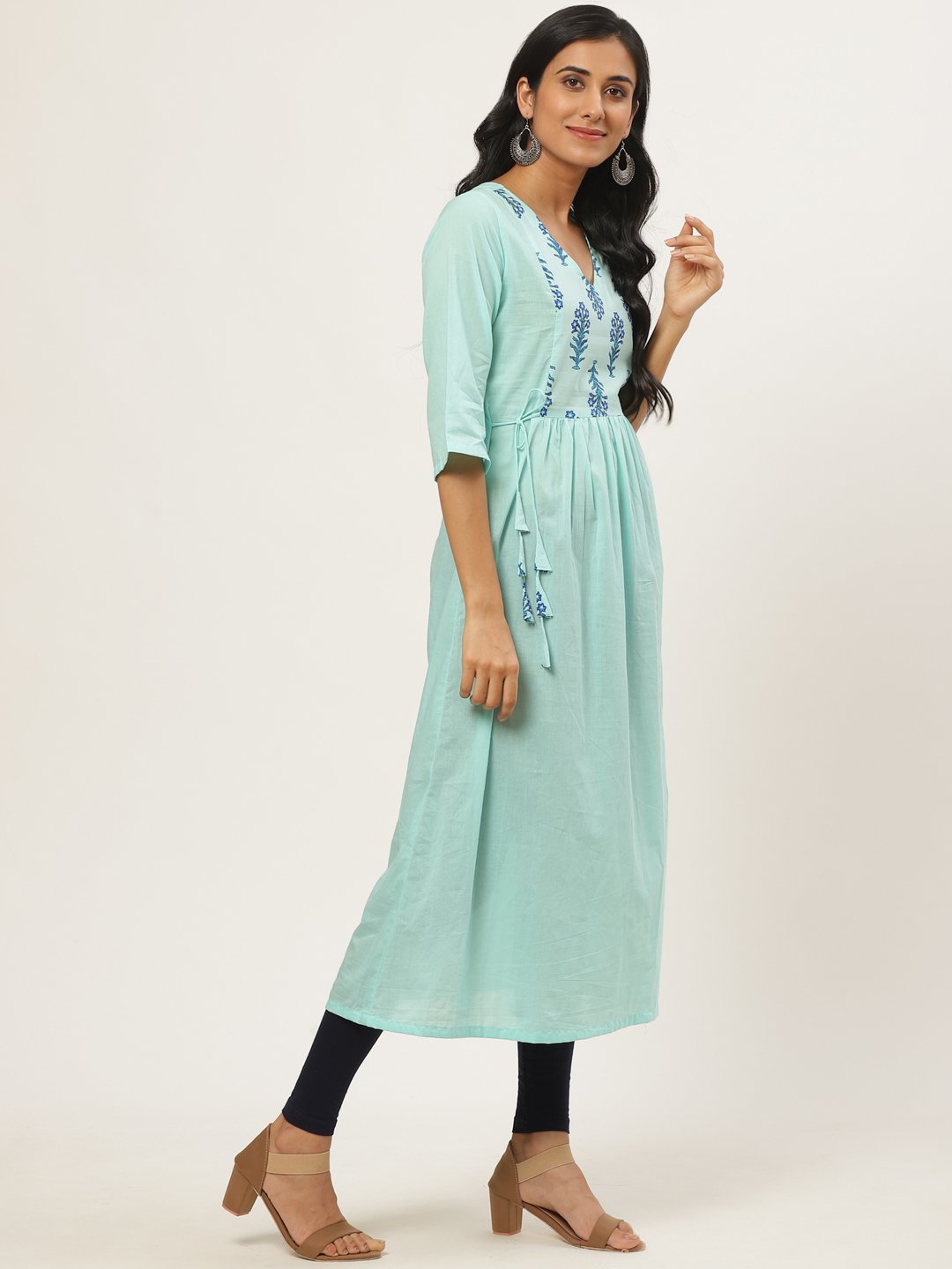 Women Blue Calf Length Three-Quarter Sleeves A-Line Solid Solid Cotton Kurta | NOZ2TOZ - Made In INDIA.