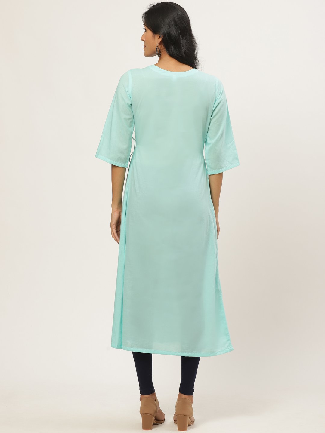 Women Blue Calf Length Three-Quarter Sleeves A-Line Solid Solid Cotton Kurta | NOZ2TOZ - Made In INDIA.