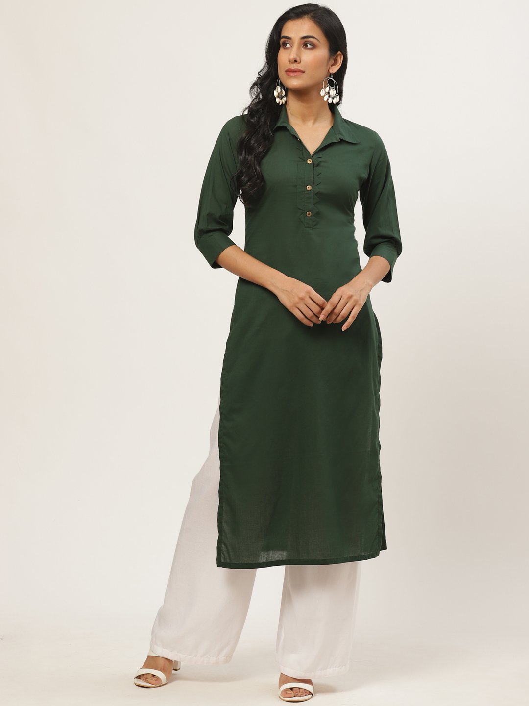 Women Dark Green Calf Length Three-Quarter Sleeves Straight Solid Solid Cotton Kurta | NOZ2TOZ - Made In INDIA.