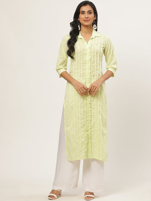 Women Limeyellow Calf Length Three-Quarter Sleeves Straight Solid Solid Cotton Kurta | NOZ2TOZ - Made In INDIA.