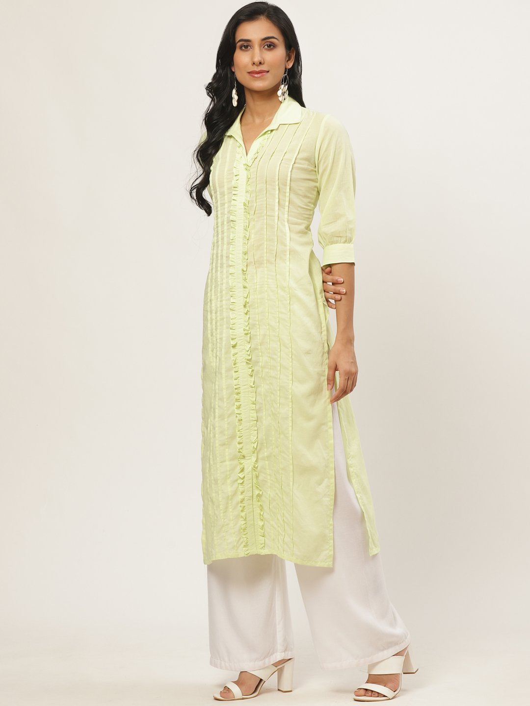 Women Limeyellow Calf Length Three-Quarter Sleeves Straight Solid Solid Cotton Kurta | NOZ2TOZ - Made In INDIA.